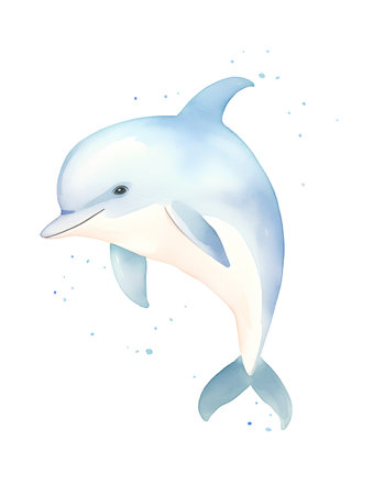 Watercolor hand drawn illustration of a dolphin isolated on white background.の素材