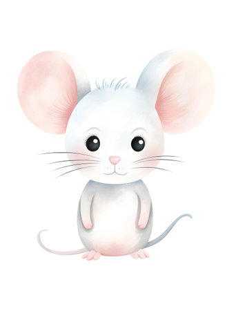 Cute white mouse isolated on white background. Watercolor illustration.の素材