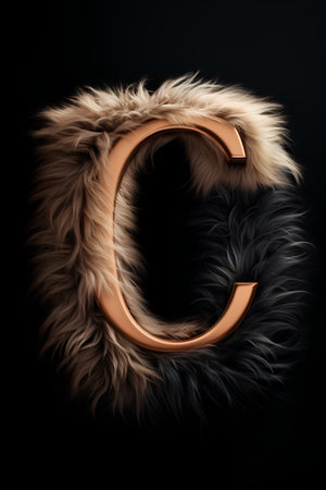 Golden letter C in a fur coat on a black background. 3d renderingの素材