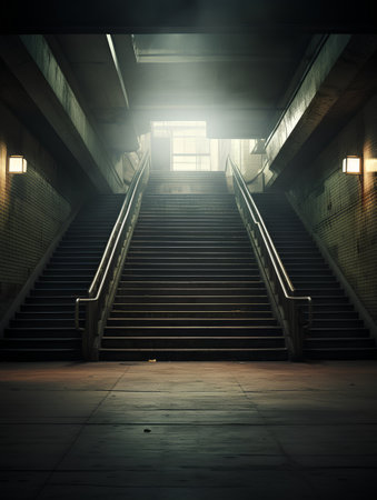 Staircase in an underground passage with a light beam in the backgroundの素材