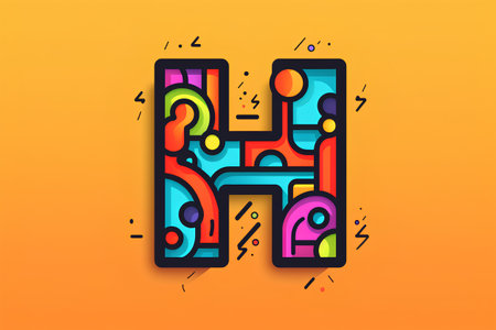 Colorful letter H with abstract pattern on orange background. Vector illustration.の素材