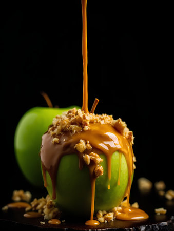 Homemade caramel apple with nuts on a black background. Selective focus.の素材