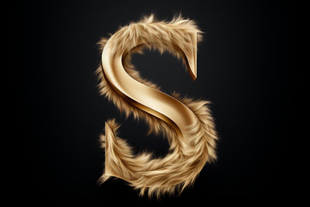 Golden hair letter S isolated on black background. 3D rendering.の素材