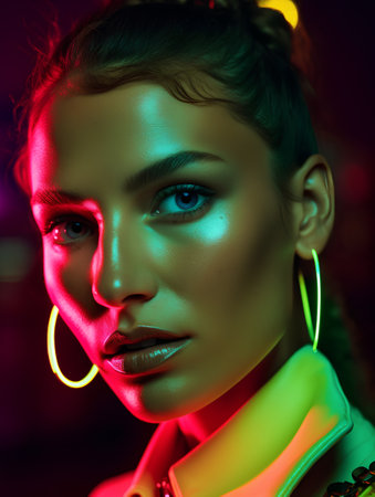 Fashion portrait of a beautiful young woman with bright make-up in neon light.の素材