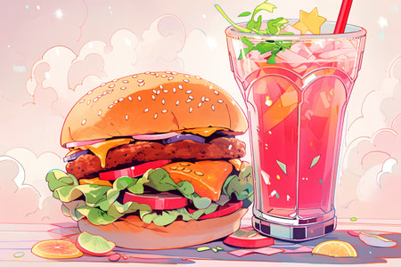 Vector illustration of a hamburger with a glass of juice and lemonade.の素材