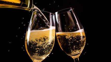 Pouring champagne into two glasses on a black background with splashesの素材
