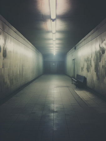 Dark underground passage with empty bench. 3d rendering, toned imageの素材