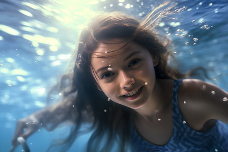 Portrait of a cute little girl underwater in a swimming pool.の素材
