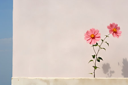 Pink flowers on the background of a white wall with a shadow.の素材