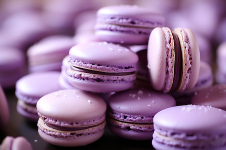 Macaroons. Macaroons on a background of purple flowers.の素材