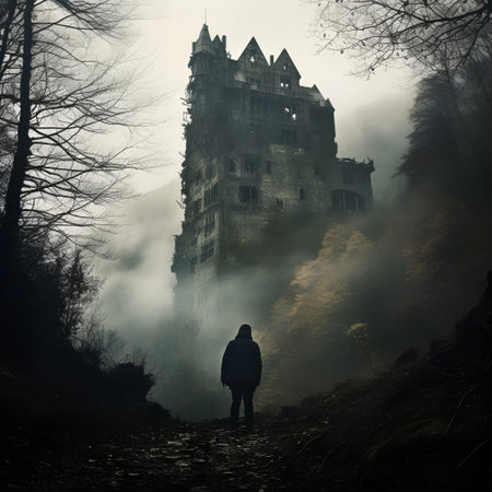 Man in front of haunted castle in foggy forest. Halloween concept.の素材