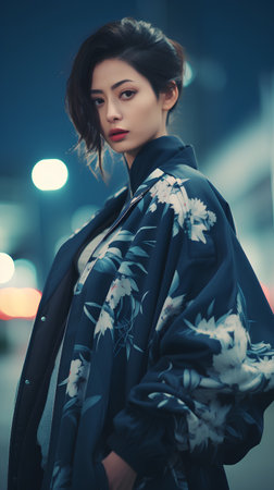 Fashionable young woman in a blue coat on the street.の素材