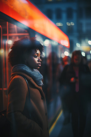 Beautiful african american woman with afro hairstyle, wearing coat and scarf, standing in the city at night.の素材