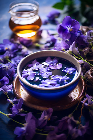 Aromatherapy with flowers and essential oil in a bowl.の素材