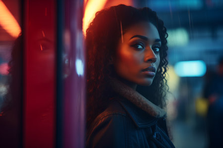 Beautiful african american woman in a city at night.の素材