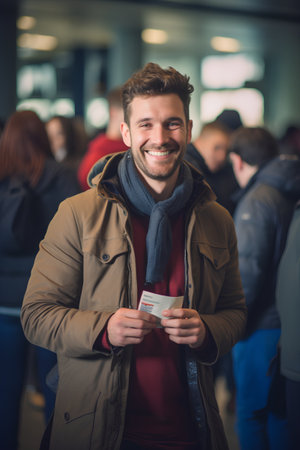 Portrait of happy young man holding credit card and looking at camera in airportの素材