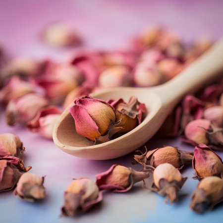 Hazelnuts in a wooden spoon on a pink background. Toned.の素材