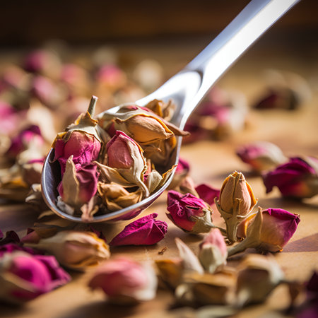 Dried rose buds in a spoon on wooden table. Selective focus.の素材