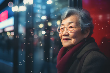 Portrait of an elderly asian woman in the city at nightの素材