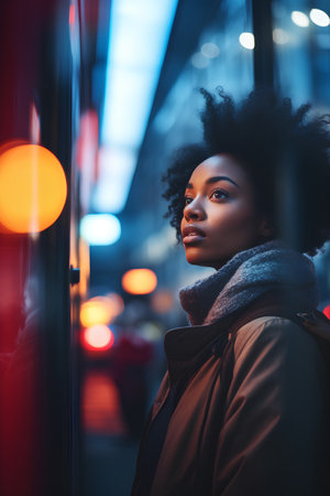 Beautiful african american woman with afro hairstyle looking away at nightの素材