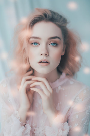 Portrait of a beautiful young woman with pink hair and blue eyesの素材