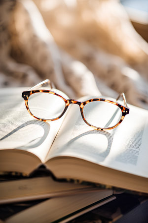 Glasses and book on a wooden table. Selective focus.の素材