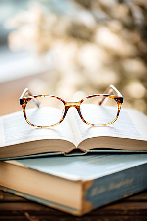 Eyeglasses and book on wooden table. Selective focus.の素材