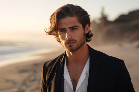 Portrait of a handsome man on the beach. Men's beauty, fashion.の素材