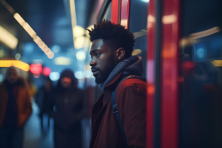 Young african american man with afro hairstyle, wearing red coat and scarf, standing in subway station, looking away.の素材