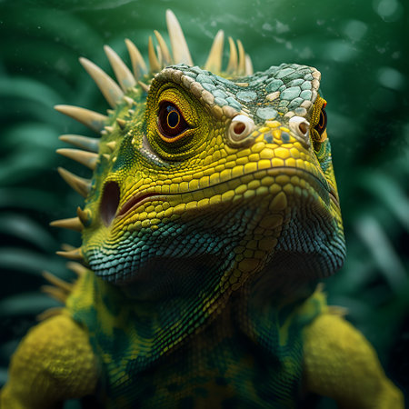 Portrait of a green iguana on a background of green leavesの素材