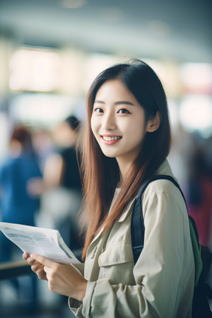 portrait of a young asian woman holding a book in the airportの素材