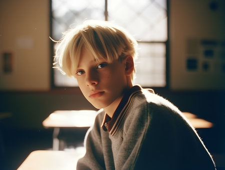 Portrait of a boy with blond hair in a cafe at sunsetの素材