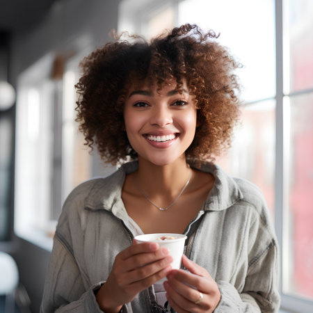 happy african american young woman with cup of coffee at cafeの素材