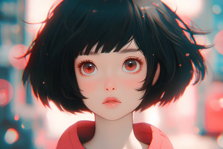 3d illustration of a girl with black hair and red eyes.の素材