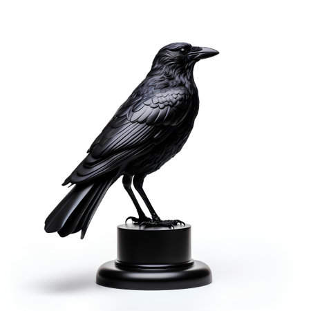 Black crow on a pedestal isolated on white background. 3d illustration.の素材