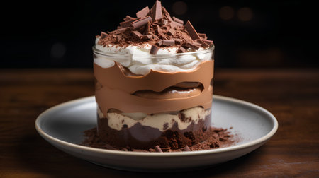 Tiramisu in a glass with whipped cream and chocolate on a wooden tableの素材