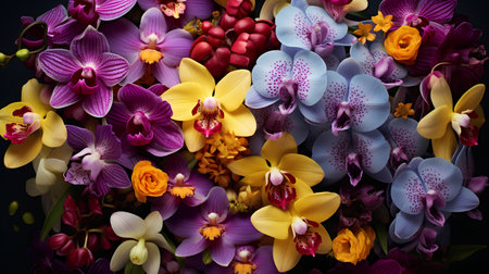 Beautiful bouquet of orchids on a black background.の素材
