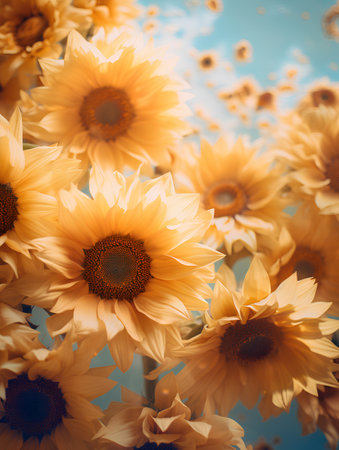 Beautiful sunflowers on blue sky background. Nature background.の素材