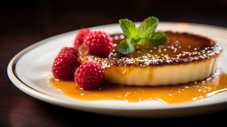 Creme Brulee with raspberries and caramel sauce. Selective focus.の素材