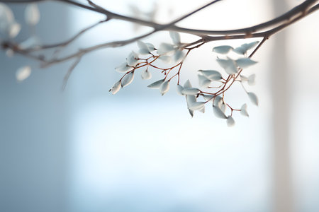Blossoming branch of a tree with white flowers on a blue backgroundの素材