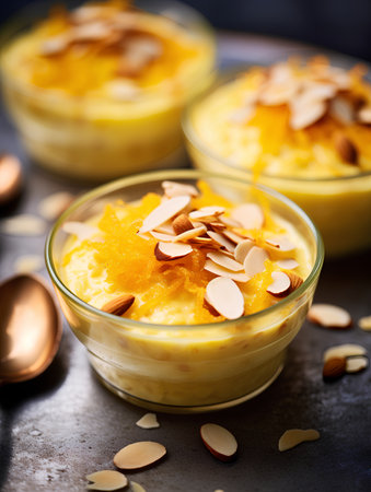 Creme brulee with almonds, selective focus. French dessert.の素材