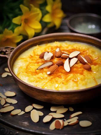 Creamy millet porridge with almonds in rustic styleの素材