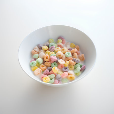 Colorful cereal in a bowl on white background, top view.の素材
