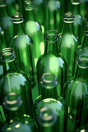 Green empty beer bottles on green background. 3d render illustration.の素材
