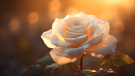 Beautiful white rose on a background of golden bokeh.の素材