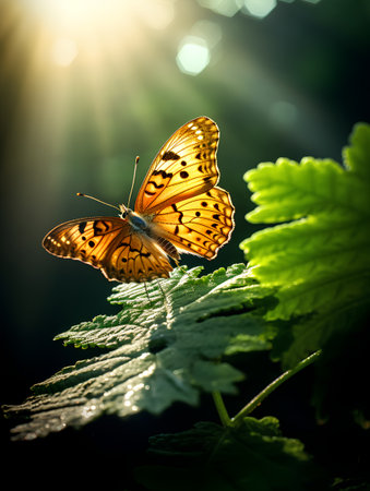 Butterfly on a green leaf in the rays of the sunの素材