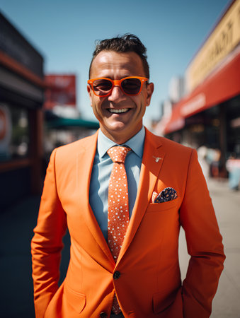 Portrait of a handsome young man in an orange suit and sunglassesの素材