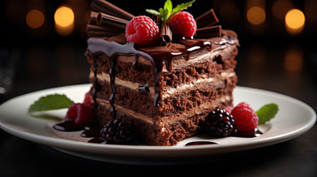 Chocolate cake with raspberries and blackberries on a dark backgroundの素材