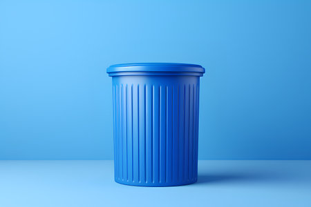 Blue trash can isolated on blue background. 3d render illustration.の素材