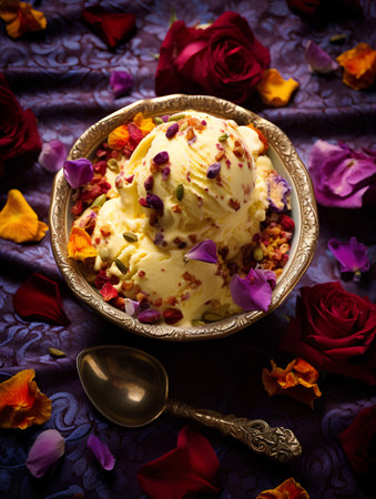 Vanilla ice cream with rose petals on a dark background.の素材